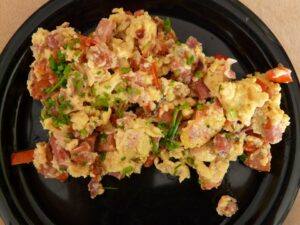 scrambled eggs and sausages
