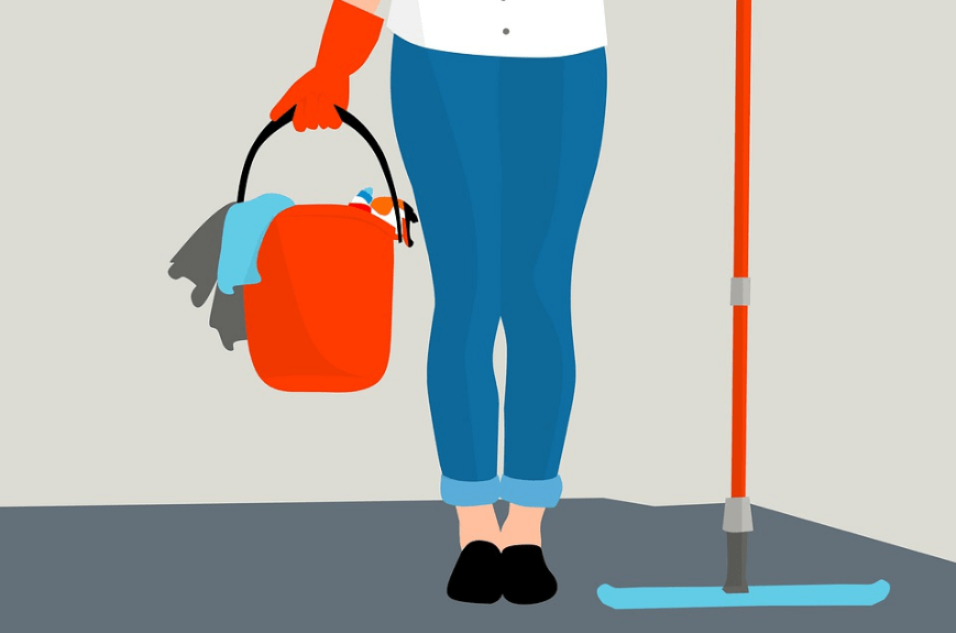 lower half of a person, flat mop, bucket, rags, cleaning solutions