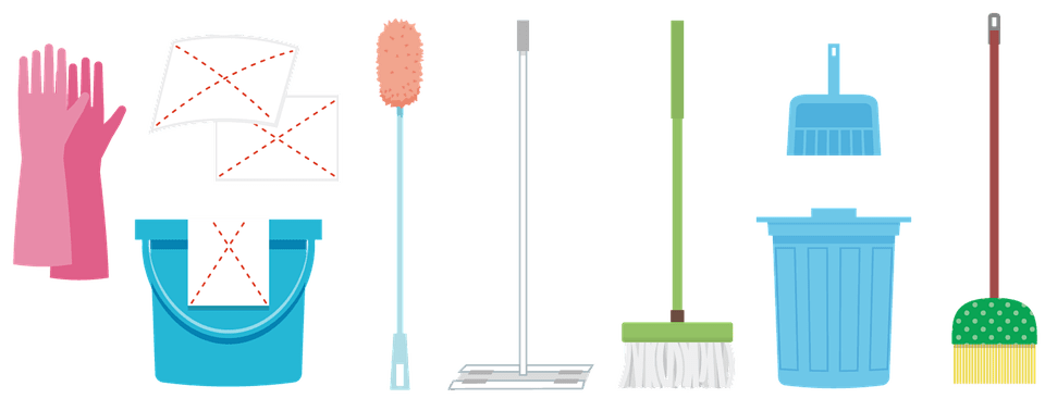 rubber gloves, cleaning cloths, bucket, toilet brush, flat mop, spin mop, trash bin, dustpan, broom